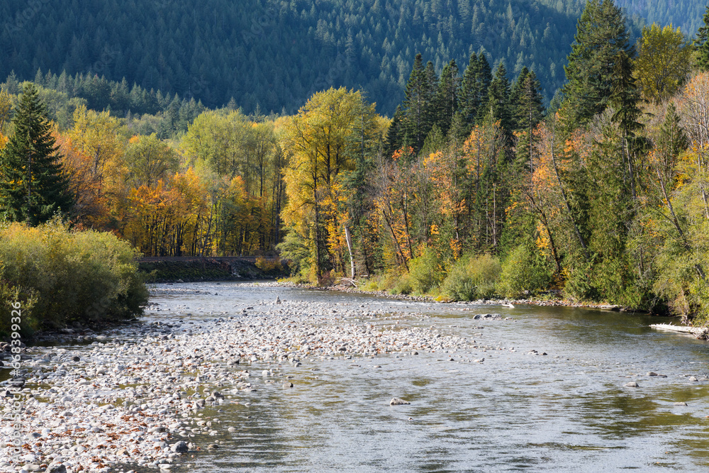 Trees with fall colors line the banks of South Fork Skykomish River