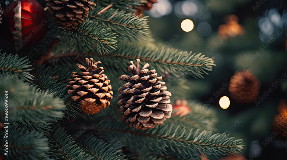 a close up of a pine cone on a christmas tree.