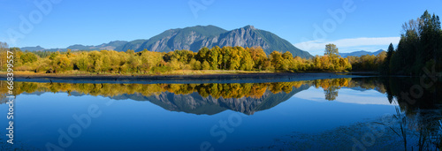 Panorama scenic view of Mount Si and Borst Lake in Snoqualmie Washington