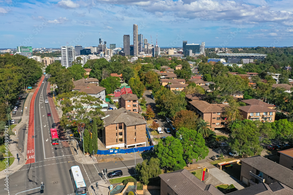 Panoramic drone aerial view of the Parramatta in Sydney