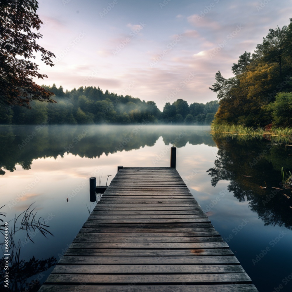 an image of a tranquil lake with a wooden pier extending into the water, offering a peaceful spot for contemplation