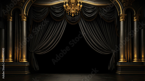  Theater stage with black gold velvet curtains