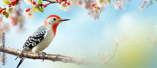 Woodpecker with red belly on tree branch photo