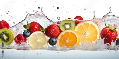 A group of fruits are splashing into the water.
