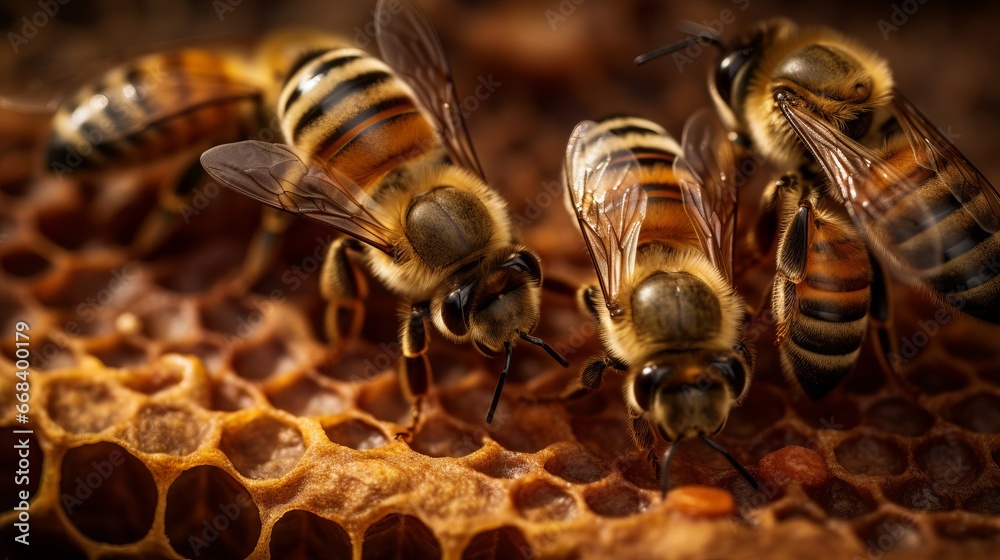 Bee Crawling Honey bees crawling on honeycomb. Cute swarm of bees working at bee ...