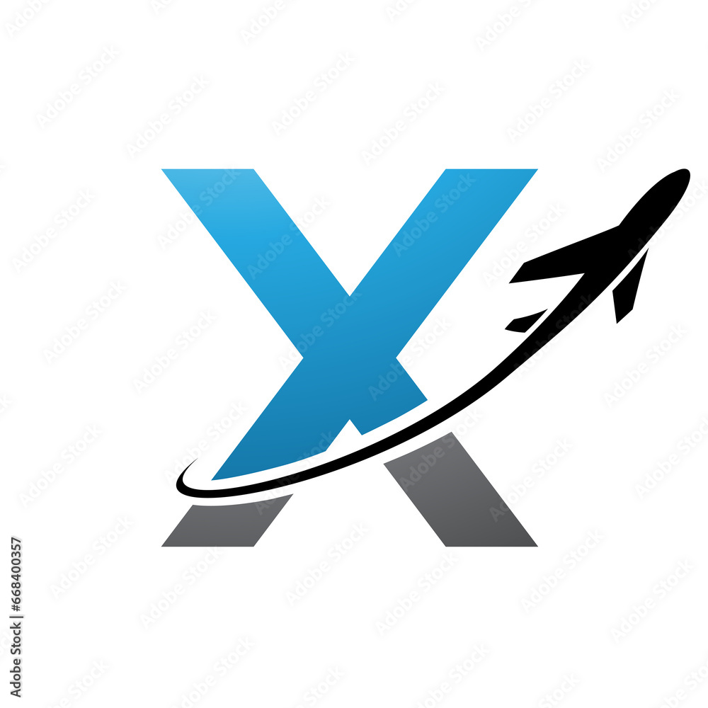 Blue and Black Lowercase Letter X Icon with an Airplane Blue and Black Lowercase Letter X Icon with an Airplane