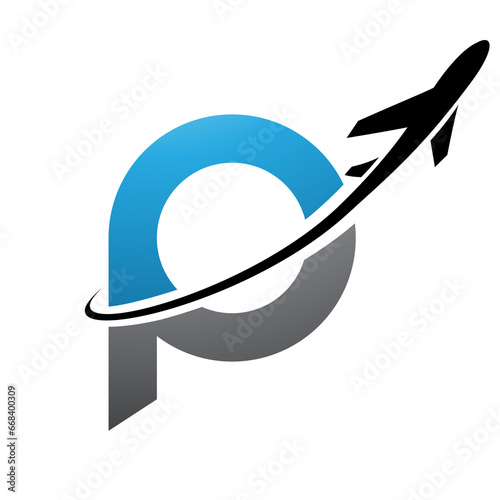 Foto Blue and Black Lowercase Letter P Icon with an Airplane