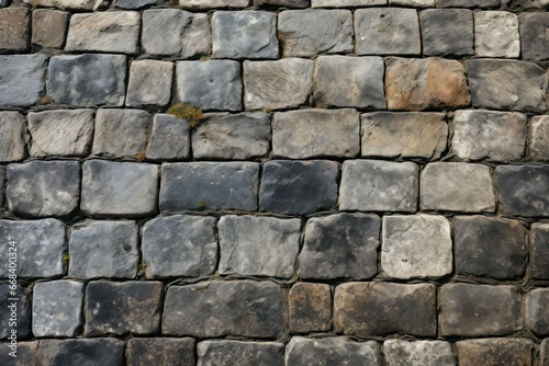 Ancient cobblestone weathered street pavement textured background.
