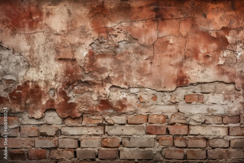Crumbling red brick weathered urban wall textured background.