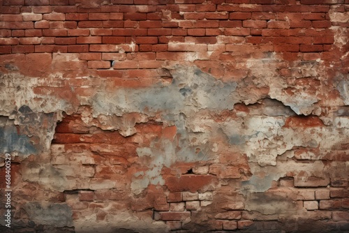 Crumbling red brick weathered urban wall textured background.