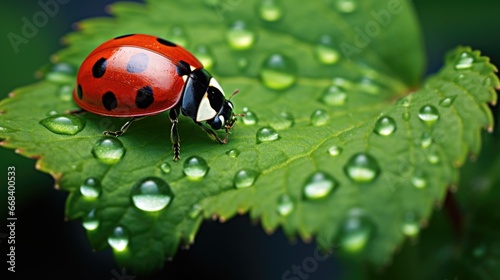 A ladybug sitting on top of a green leaf. © tilialucida