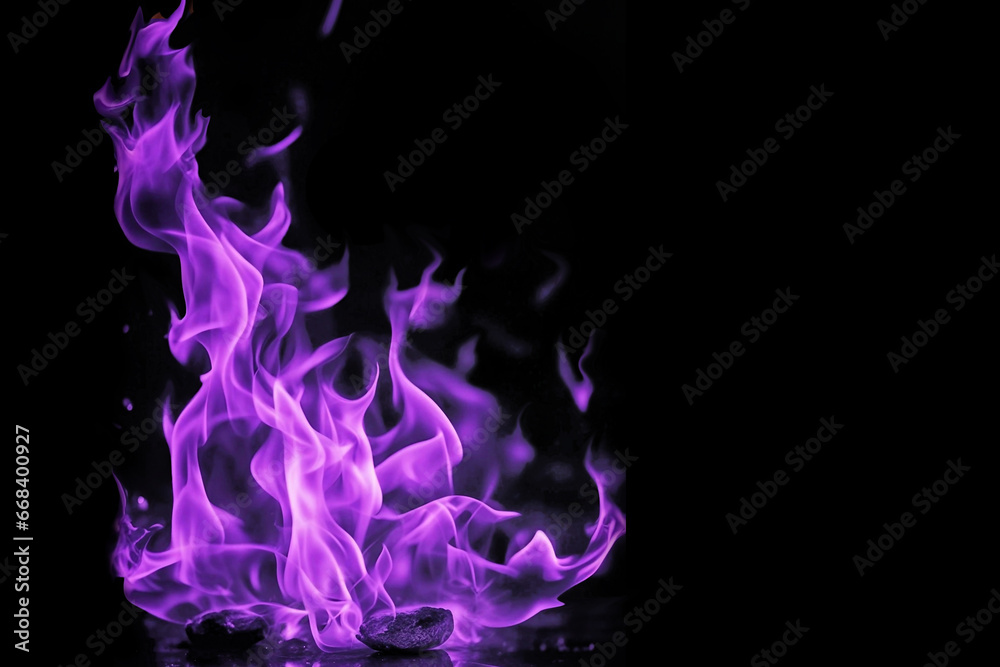 Purple fire on black background, Mayan magic concept.