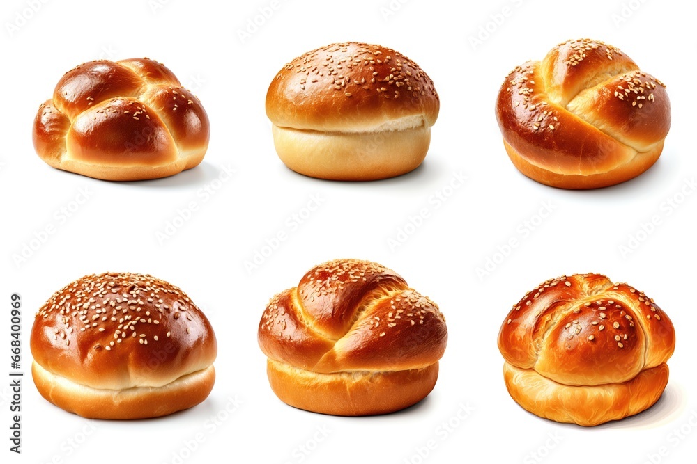 A variety of bread buns on a white surface. Clipart on white background. A variety of bread buns on a white surface. Clipart on white background.