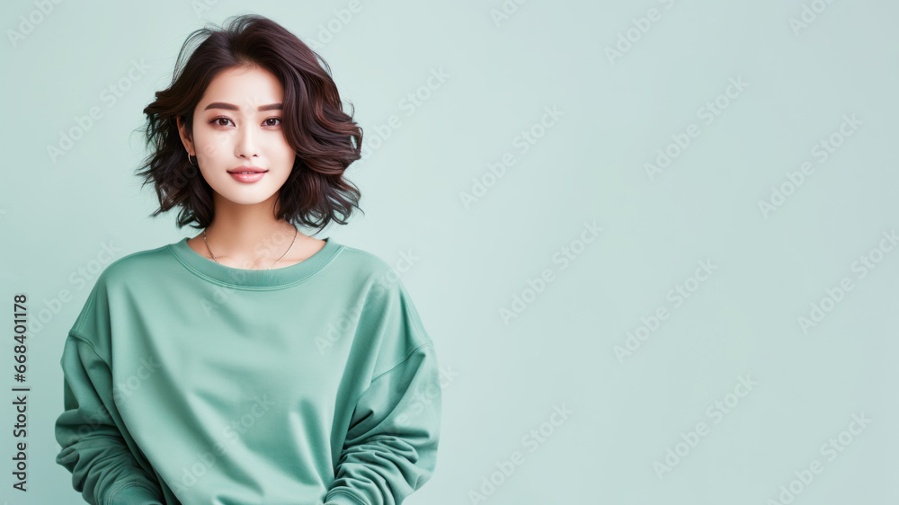 An Asian woman wearing green sweatshirt isolated on pastel background An Asian woman wearing green sweatshirt isolated on pastel background