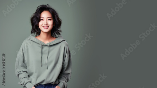 An Asian woman wearing green sweatshirt isolated on pastel background