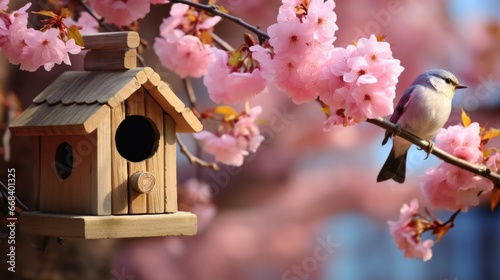 A bird is perched on a bird house. © tilialucida