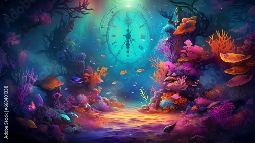 an underwater world with a magnificent  luminescent clock coral reef  its vibrant colors creating an otherworldly  mesmerizing spectacle