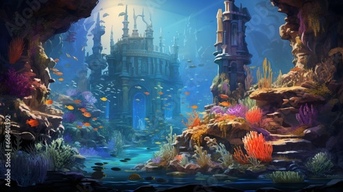 an underwater world with stones that resemble undersea mountains, teeming with life, creating an awe-inspiring, vibrant marine habitat