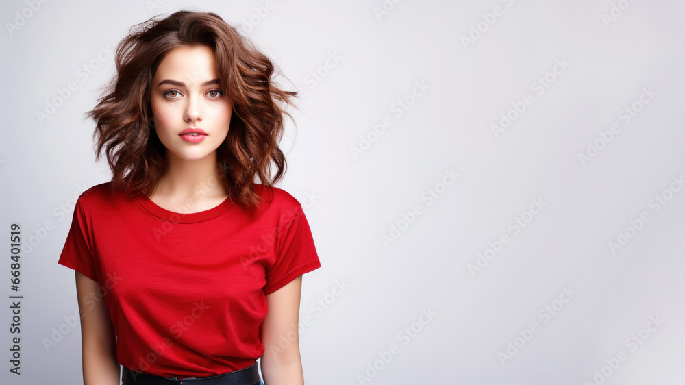 Brunette woman wearing red t-shirt isolated on gray background Brunette woman wearing red t-shirt isolated on gray background