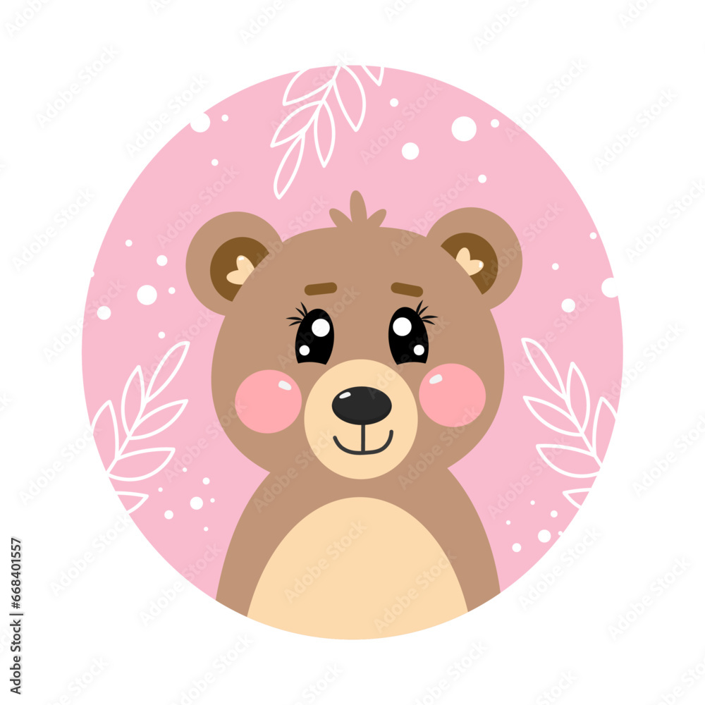 Pink sticker of cartoon cute kawaii brown bear. Vector illustration for kids Pink sticker of cartoon cute kawaii brown bear. Vector illustration for kids