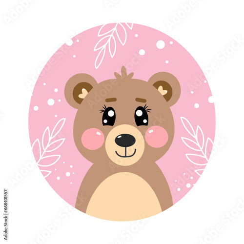 Pink sticker of cartoon cute kawaii brown bear. Vector illustration for kids