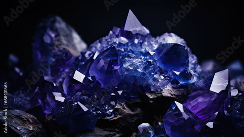 rough blue sapphire and diamonds gemstones crystals raw amethyst tanzanite dark background. photo