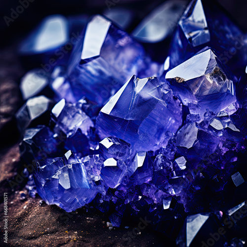 rough blue sapphire and diamonds gemstones crystals raw amethyst tanzanite dark background. photo
