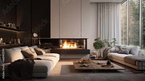 Interior Snapshot of a Modern Living Room with a Sleek Single Sofa and Fireplace © Muslim
