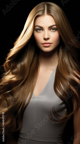 A beautiful woman with long brown hair. Lustrous tresses, an image for a hair product ad campaign.