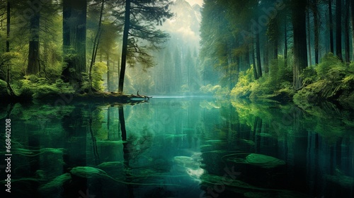 Picture a mirrored lake reflecting a lush, emerald forest, where every leaf and tree is captured in perfect detail