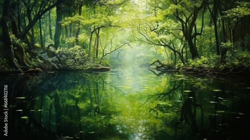 Picture a mirrored lake reflecting a lush  emerald forest  where every leaf and tree is captured in perfect detail