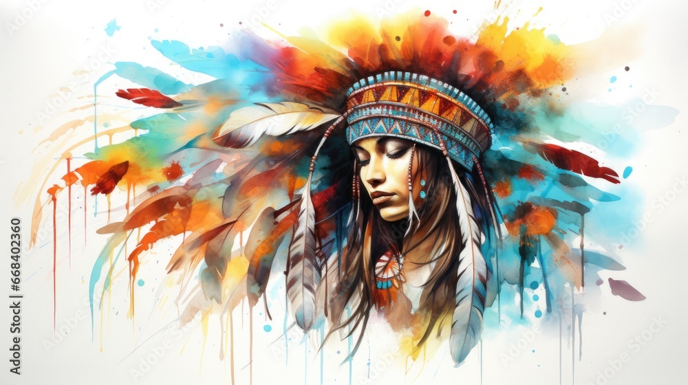 A painting of a tribal native american woman wearing a headdress. A painting of a tribal native american woman wearing a headdress.
