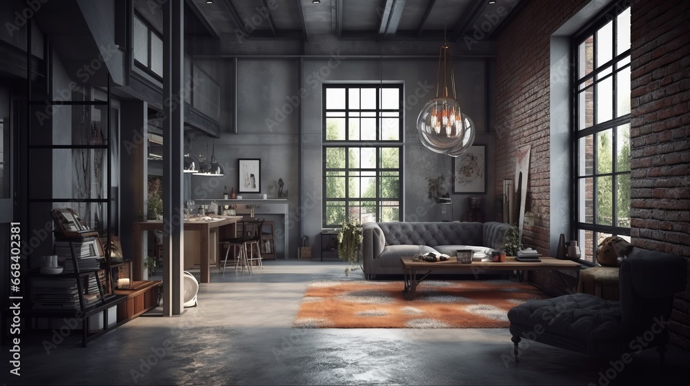 Room in loft style. Living room loft in industrial style, 3d render. Real estate concept.