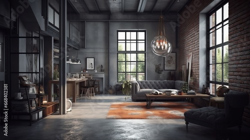 Room in loft style. Living room loft in industrial style, 3d render. Real estate concept. © IC Production