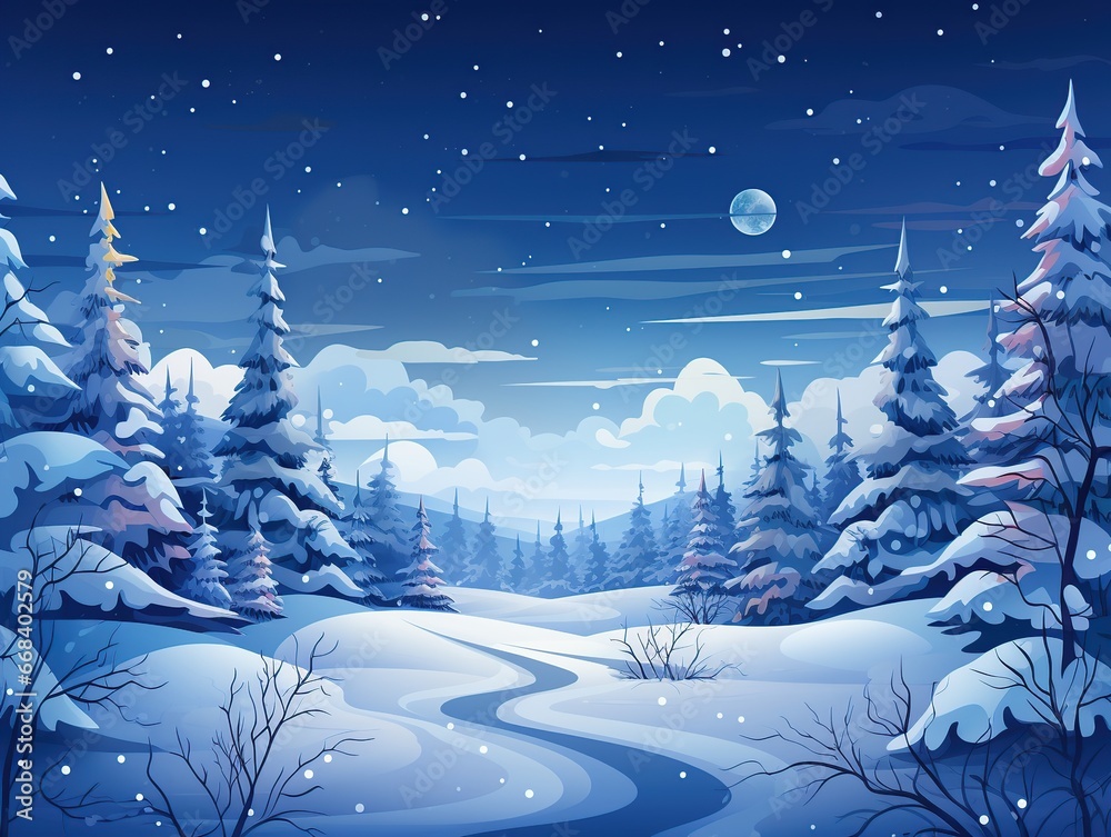 Beautiful Christmas landscape, postcard - illustration with snowy trees and river. Copy space.