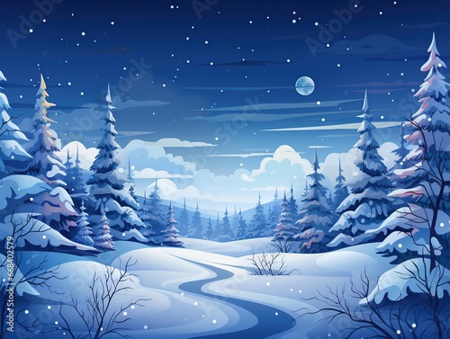 Beautiful Christmas landscape, postcard - illustration with snowy trees and river. Copy space.