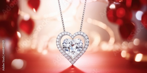 A heart shaped diamond necklace on a red background.