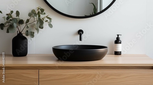 Close up of sink with oval mirror standing in on white wall, wooden cabinet with black faucet in minimalist bathroom.