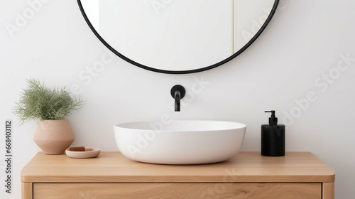 Close up of sink with oval mirror standing in on white wall, wooden cabinet with black faucet in minimalist bathroom.