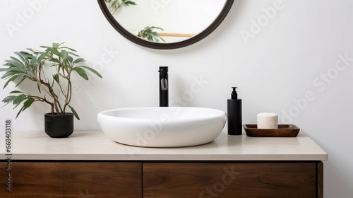 Close up of sink with oval mirror standing in on white wall  wooden cabinet with black faucet in minimalist bathroom.