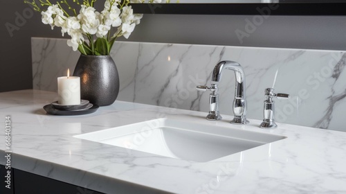 Close up of white sink marble countertop, gray background.