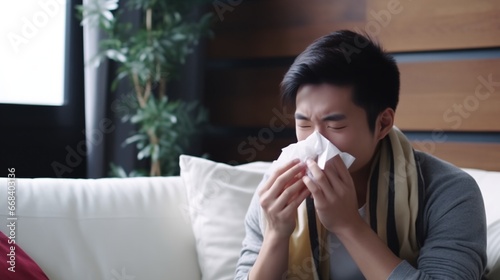 Sick young asian man sitting on sofa and sneeze with tissue paper at home. man blowing nose, coughing or sneezing in tissue at home, suffering from flu. Cold and fever concept.