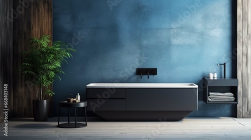 Comfortable bathtub and vanity with basin standing in modern bathroom black blue and wooden walls and concrete floor.Side view. 