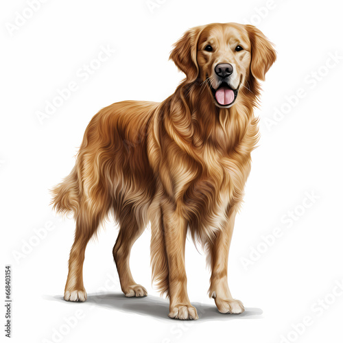 A handsome Happy Golden retriever standing on a White background, an isolated background