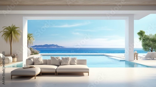 Sea view empty large living room of luxury summer beach house with swimming pool near terrace. Big white wall background in vacation home or holiday villa. 