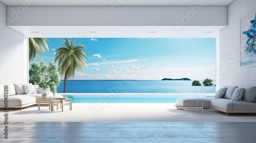 Sea view empty large living room of luxury summer beach house with swimming pool near terrace. Big white wall background in vacation home or holiday villa.  © sania