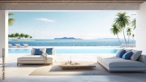 Sea view empty large living room of luxury summer beach house with swimming pool near terrace. Big white wall background in vacation home or holiday villa.  © sania