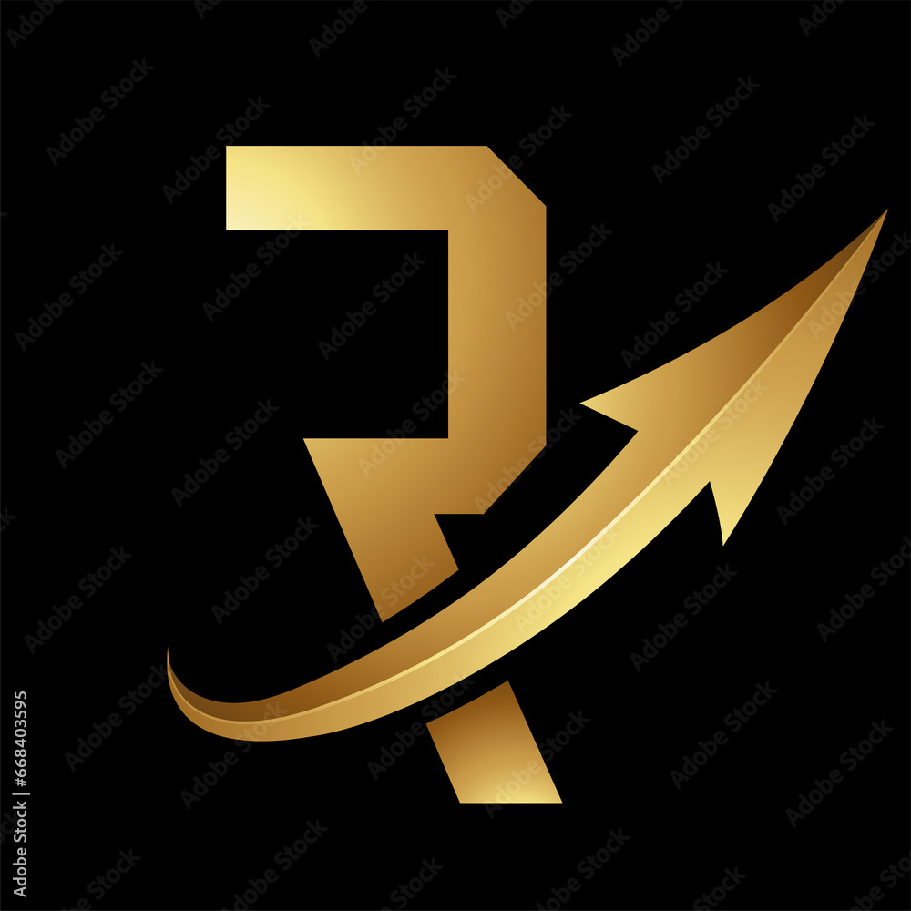 Gold Futuristic Letter R Icon with a Glossy Arrow