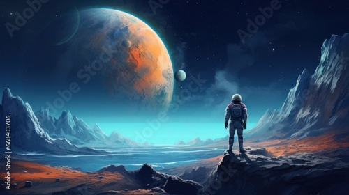 Sci-fi concept of an astronaut standing on huge rock looking at the acid planet, digital art style