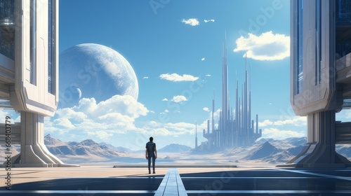 A science fiction scene of a man looking at technlogically advanced building, under an open blue sky photo